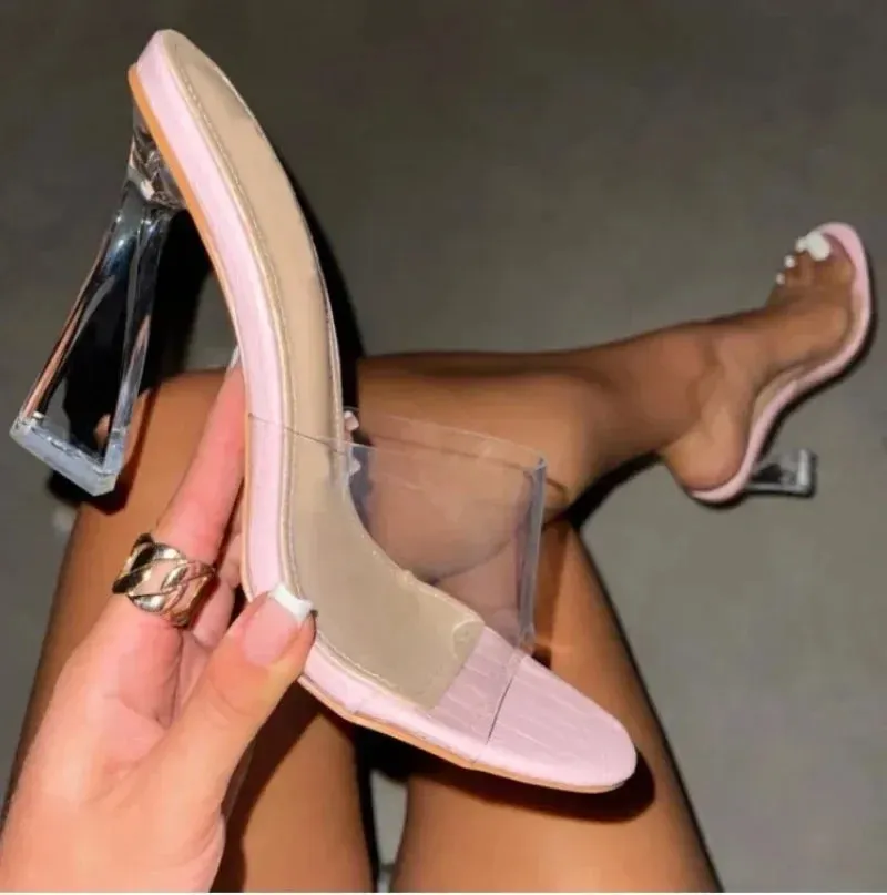 binfenxie  -  Summer Women Pumps Sandals 9cm Jelly Slippers Sexy Open Square Toe High Heels Women Transparent Slippers Shoe Heel Clear Sandals