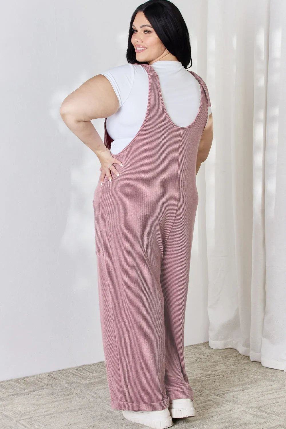 Celeste Plus Size Ribbed Tie Shoulder Sleeveless Ankle Overalls