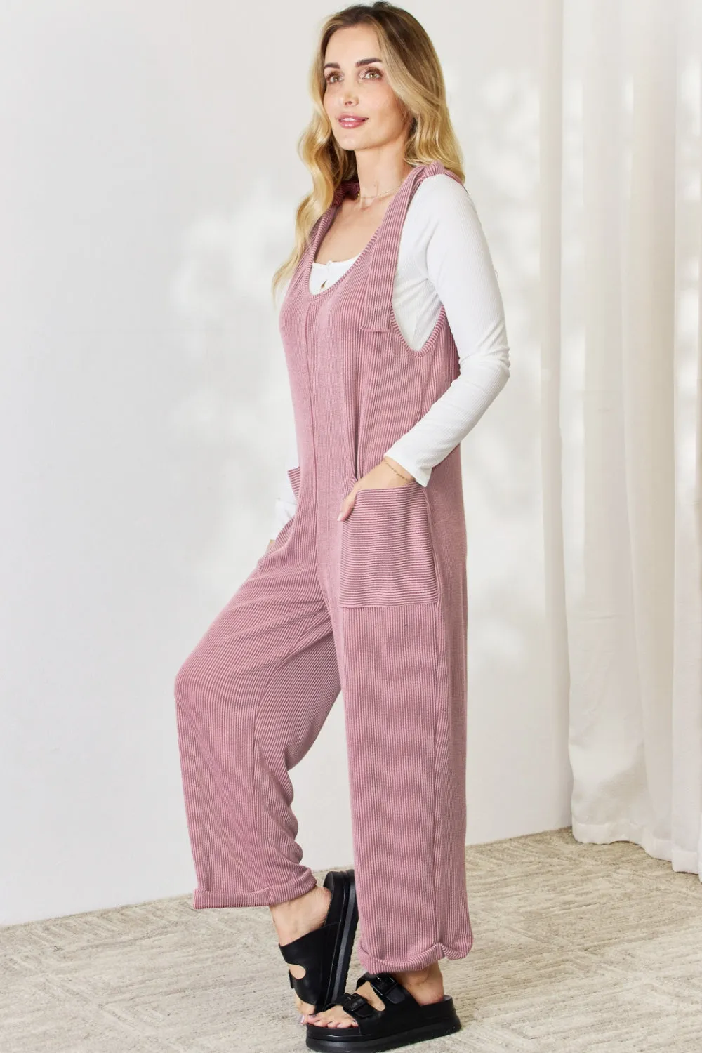 Celeste Plus Size Ribbed Tie Shoulder Sleeveless Ankle Overalls