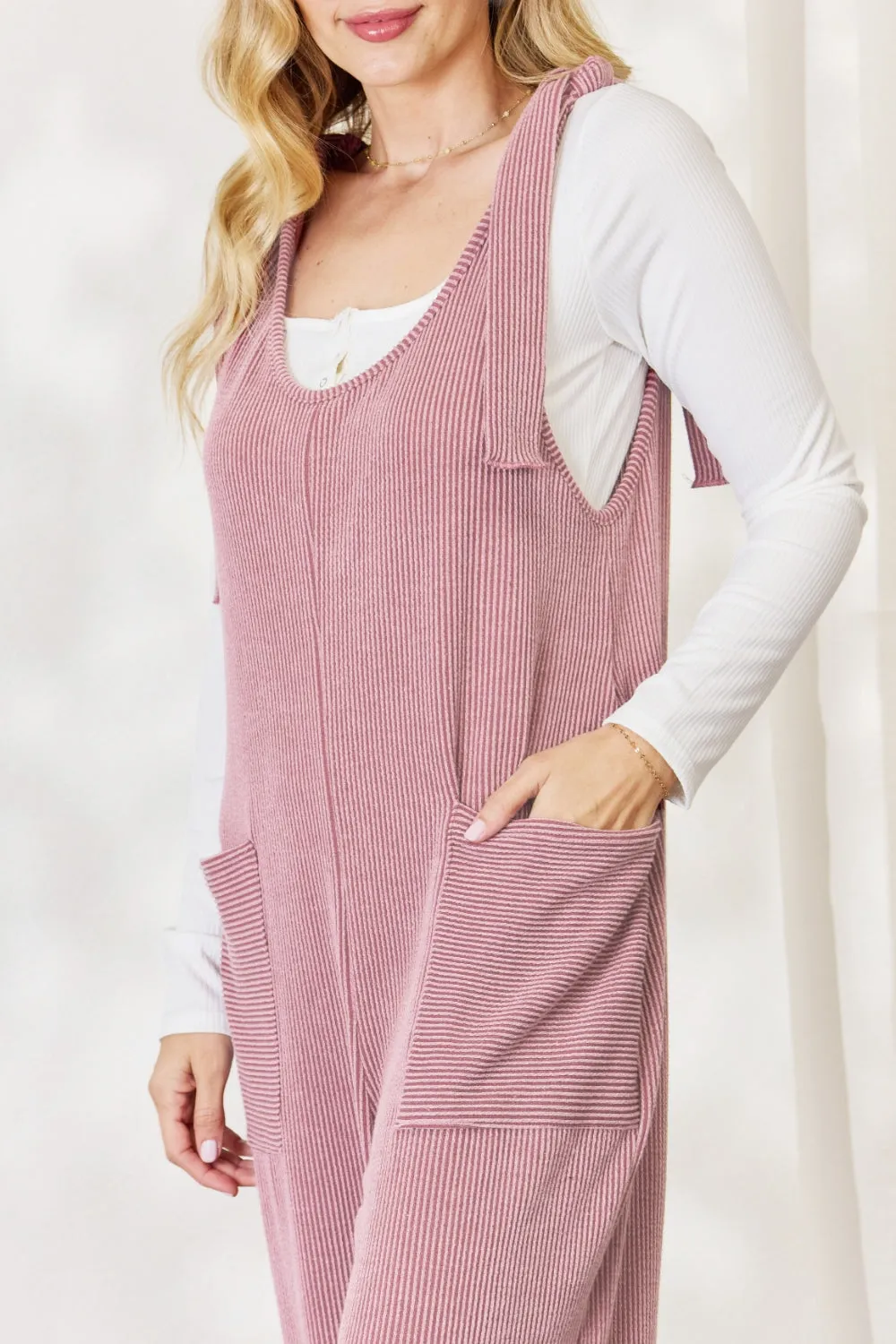 Celeste Plus Size Ribbed Tie Shoulder Sleeveless Ankle Overalls
