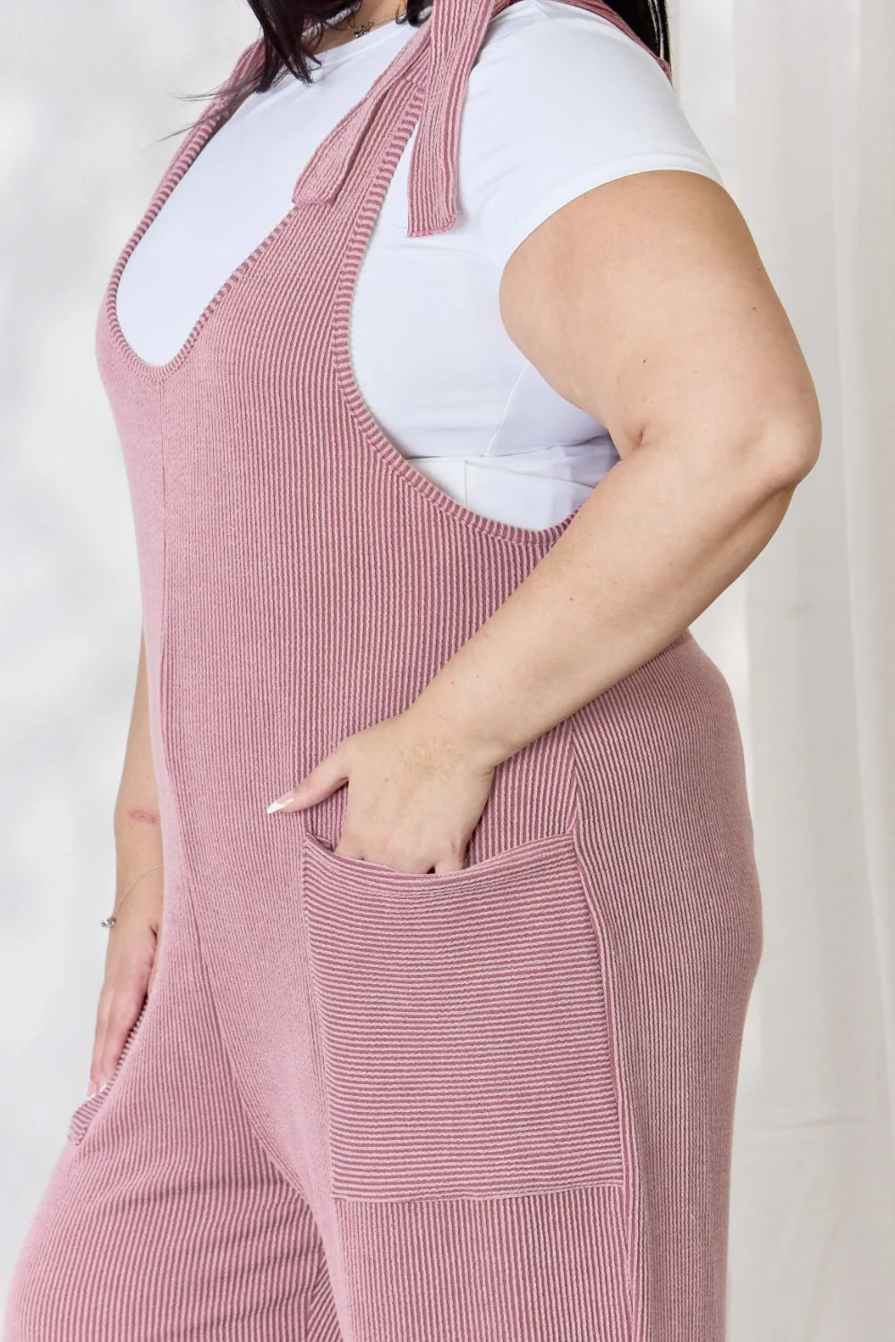 Celeste Plus Size Ribbed Tie Shoulder Sleeveless Ankle Overalls