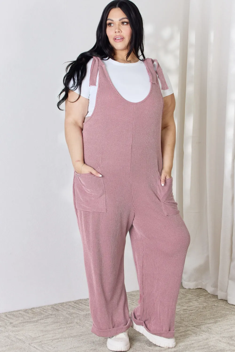 Celeste Plus Size Ribbed Tie Shoulder Sleeveless Ankle Overalls