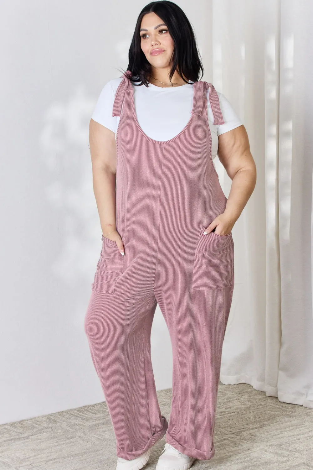Celeste Plus Size Ribbed Tie Shoulder Sleeveless Ankle Overalls