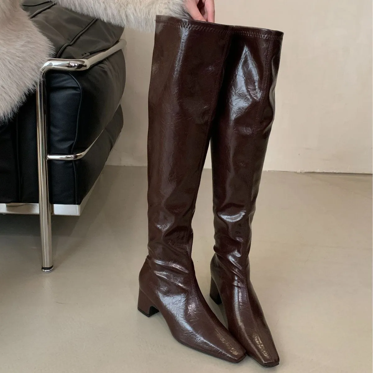 Fashionkova brown fur boots outfit 2024 Autumn and Winter High-Top over-the-Knee Pointed Thick Heel Pleated Pile Boots High Heel Thin Boots Women's Long Boots