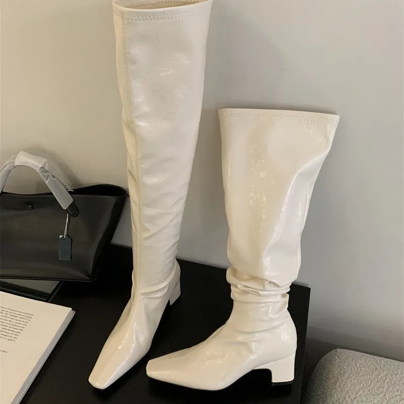 Fashionkova brown fur boots outfit 2024 Autumn and Winter High-Top over-the-Knee Pointed Thick Heel Pleated Pile Boots High Heel Thin Boots Women's Long Boots