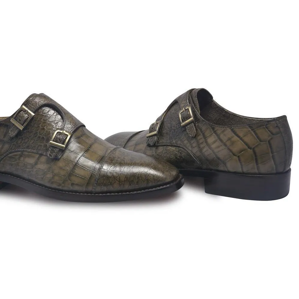 Men Distressed Alligator Pattern Monk Strap Leather Shoes