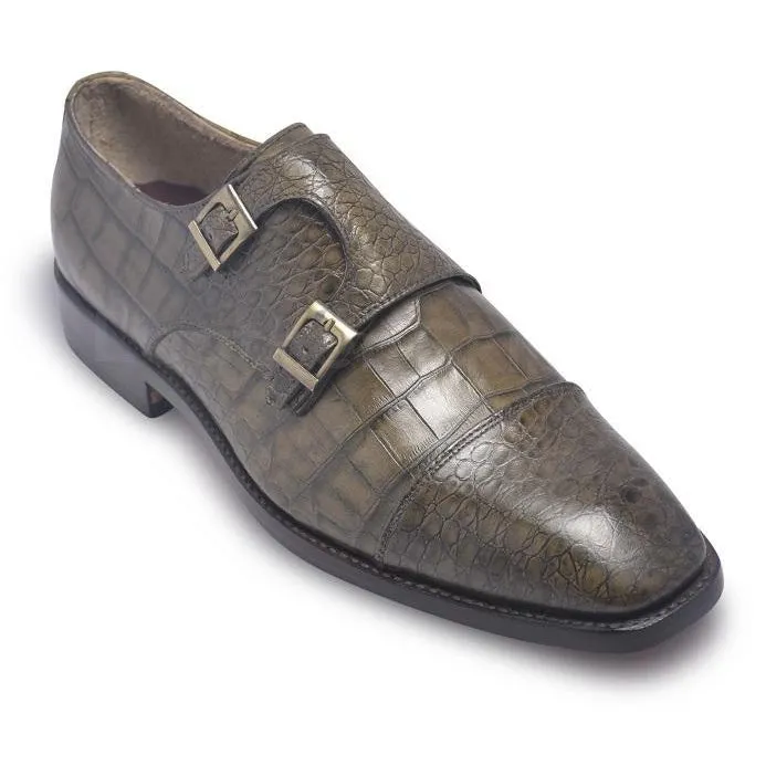 Men Distressed Alligator Pattern Monk Strap Leather Shoes
