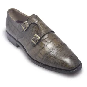 Men Distressed Alligator Pattern Monk Strap Leather Shoes