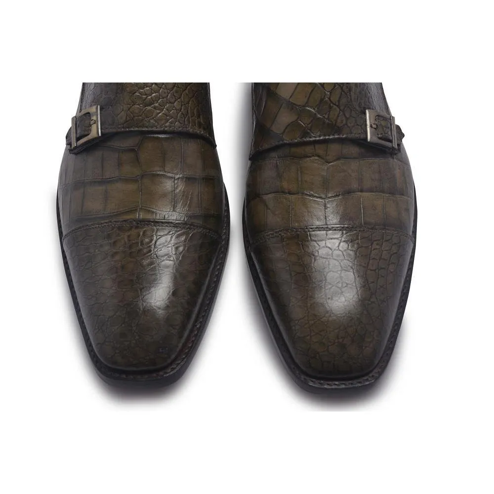 Men Distressed Alligator Pattern Monk Strap Leather Shoes
