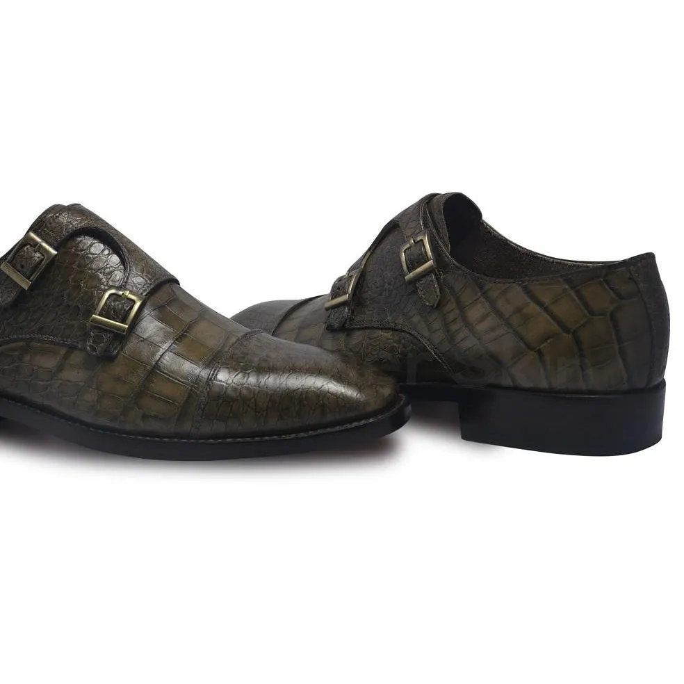 Men Distressed Alligator Pattern Monk Strap Leather Shoes
