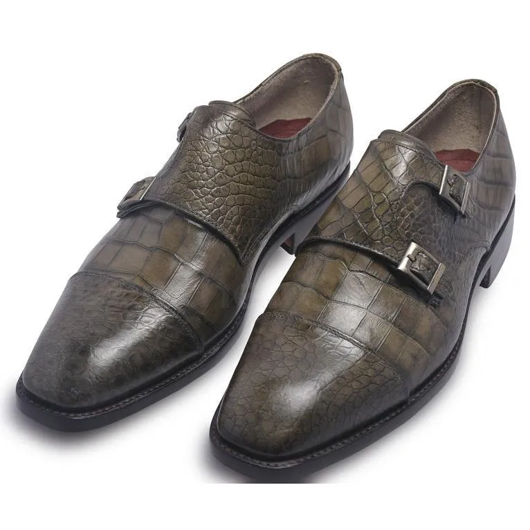 Men Distressed Alligator Pattern Monk Strap Leather Shoes