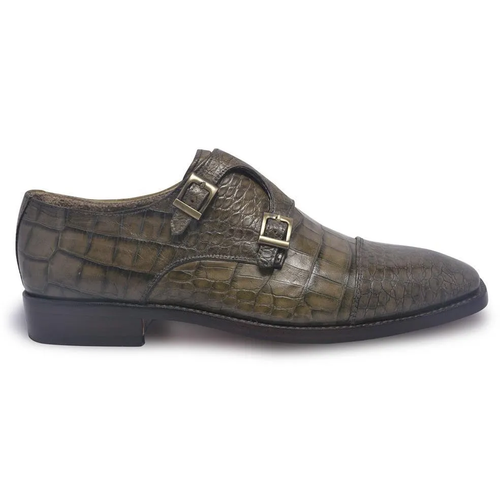 Men Distressed Alligator Pattern Monk Strap Leather Shoes