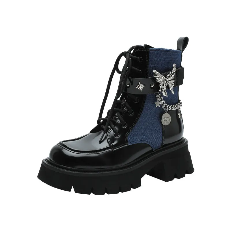 Wjczt shoes 2024 Autumn New Liquid Butterfly Martin Boots Thick Bottom Casual Lightweight Denim Knight Boots Women's Short Boots Women's Chunky Heel