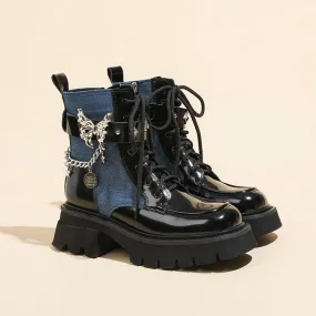 Wjczt shoes 2024 Autumn New Liquid Butterfly Martin Boots Thick Bottom Casual Lightweight Denim Knight Boots Women's Short Boots Women's Chunky Heel