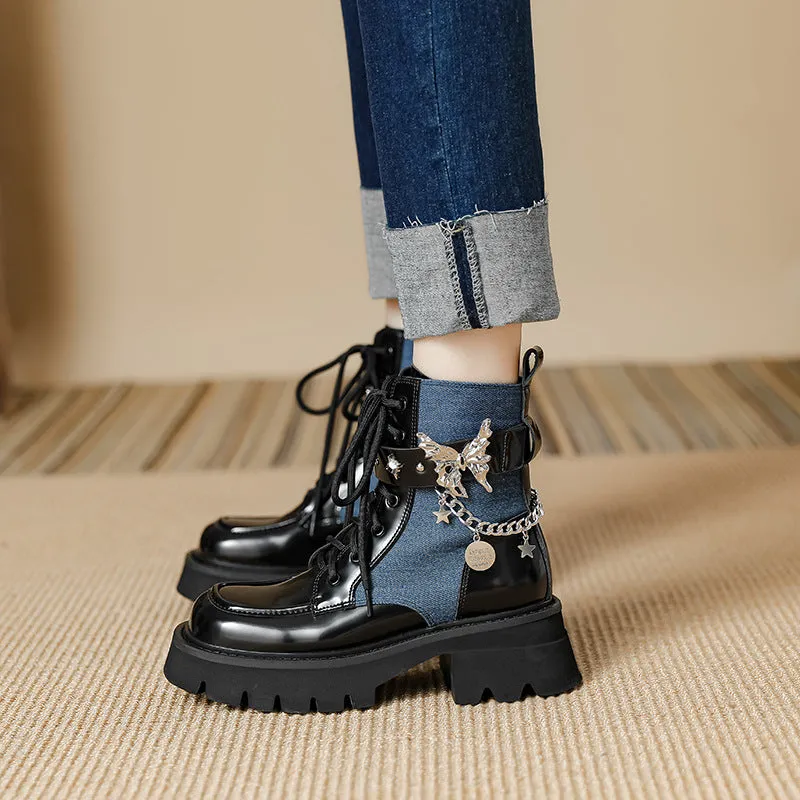 Wjczt shoes 2024 Autumn New Liquid Butterfly Martin Boots Thick Bottom Casual Lightweight Denim Knight Boots Women's Short Boots Women's Chunky Heel