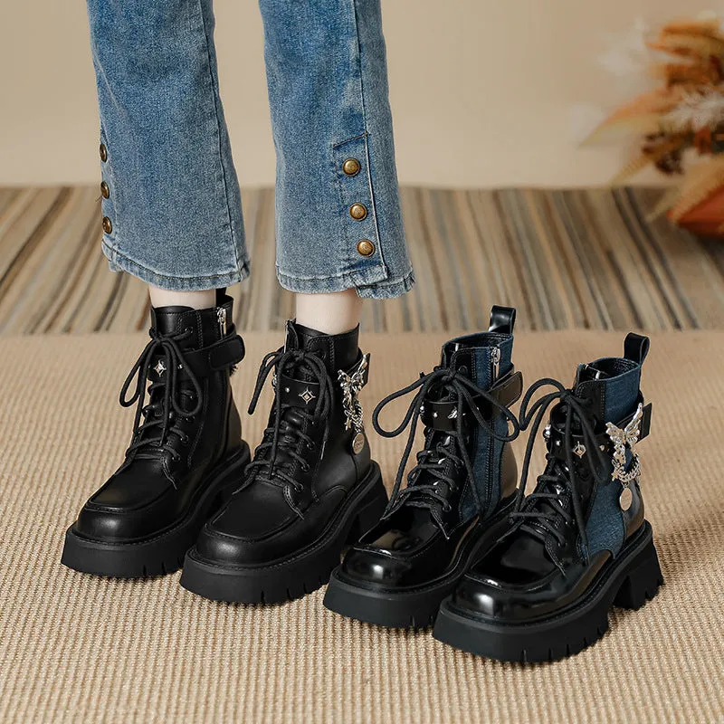 Wjczt shoes 2024 Autumn New Liquid Butterfly Martin Boots Thick Bottom Casual Lightweight Denim Knight Boots Women's Short Boots Women's Chunky Heel