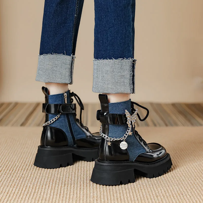 Wjczt shoes 2024 Autumn New Liquid Butterfly Martin Boots Thick Bottom Casual Lightweight Denim Knight Boots Women's Short Boots Women's Chunky Heel