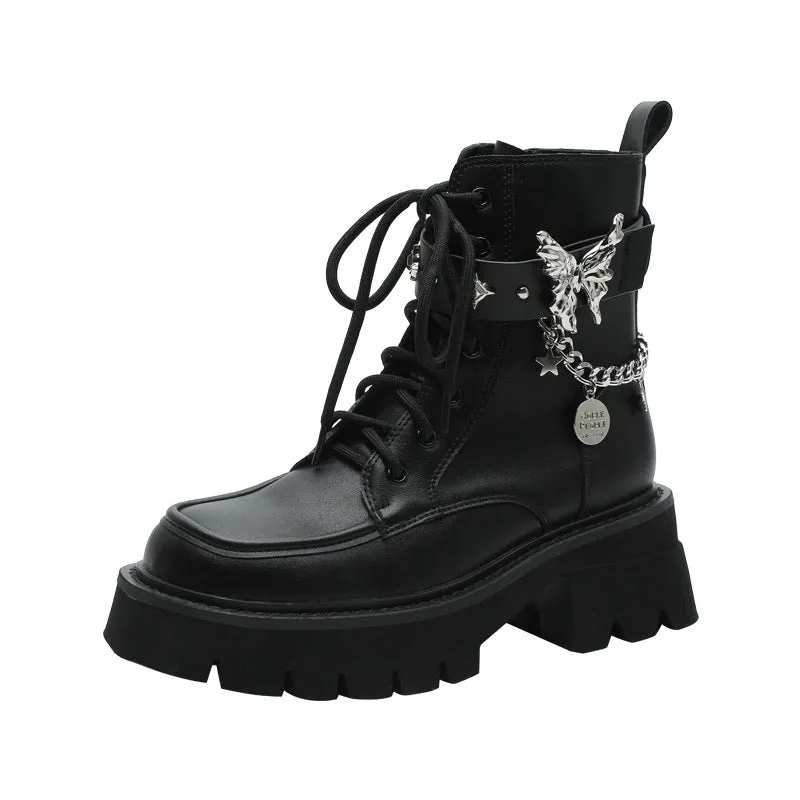 Wjczt shoes 2024 Autumn New Liquid Butterfly Martin Boots Thick Bottom Casual Lightweight Denim Knight Boots Women's Short Boots Women's Chunky Heel